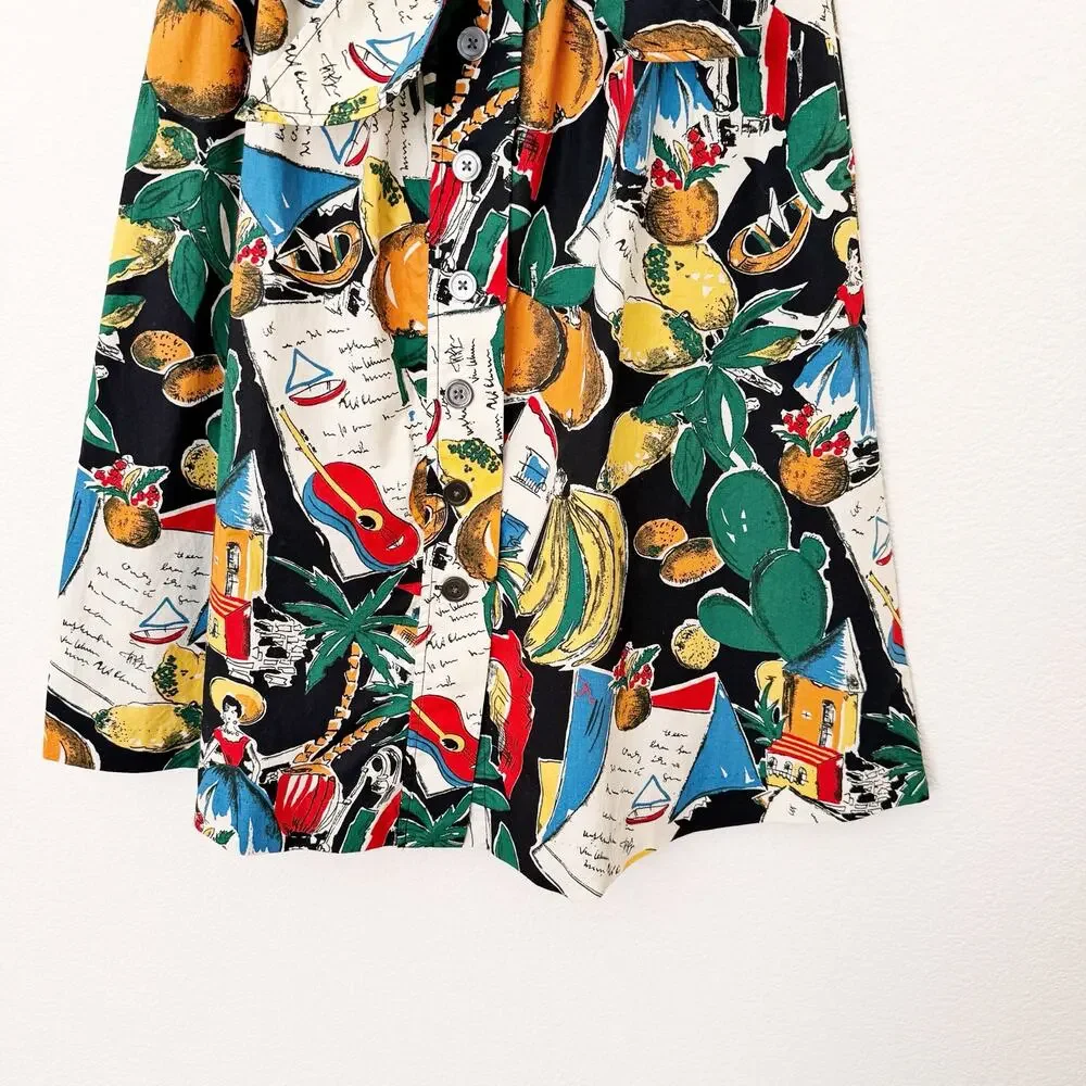[J. Crew] Novelty Print Postcard Spain Fruit Button Front A-Line Midi Skirt Sz 0